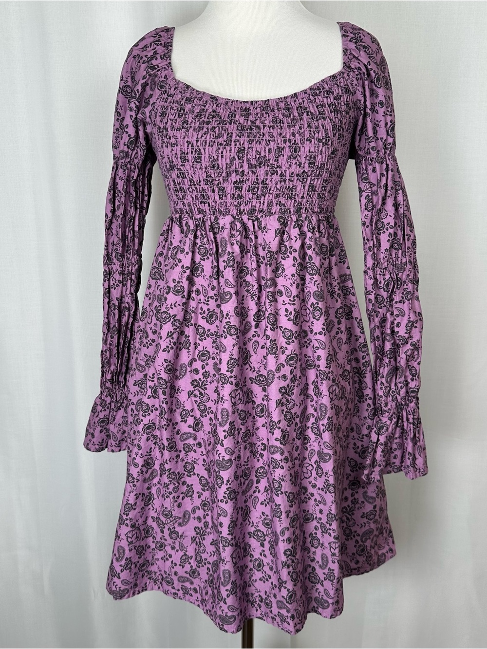 Wild Fable Whimsigoth Statement Sleeve Smocked Mini Dress Purple Paisley Rose XS